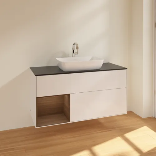 VILLEROY BOCH Toaletní skříňka Finion, s osvětlením, 3 výsuvy, 1200 x 603 x 501 mm, lesklý bílý lak / ořechová dýha / černé matné sklo #F822GNGF, obrázek 2