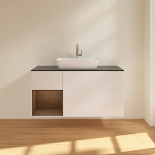 VILLEROY BOCH Toaletní skříňka Finion, s osvětlením, 3 výsuvy, 1200 x 603 x 501 mm, lesklý bílý lak / ořechová dýha / černé matné sklo #F822GNGF, obrázek 3