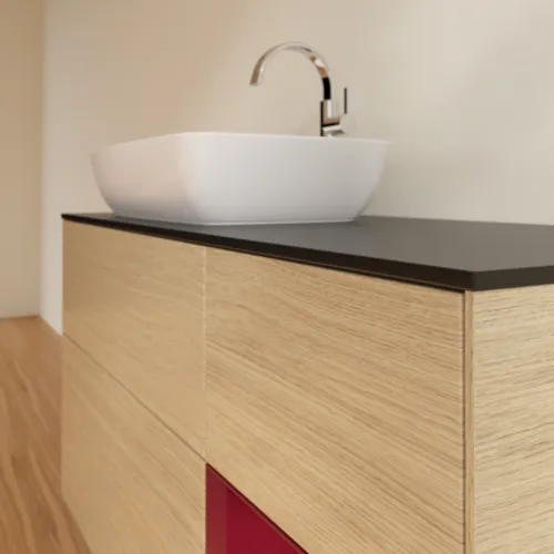 VILLEROY BOCH Toaletní skříňka Finion, s osvětlením, 3 výsuvy, 1200 x 603 x 501 mm, dubová dýha / matný lak Pivoňka / matné černé sklo #F812HBPC, obrázek 6