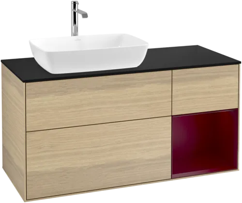VILLEROY BOCH Toaletní skříňka Finion, s osvětlením, 3 výsuvy, 1200 x 603 x 501 mm, dubová dýha / matný lak Pivoňka / matné černé sklo #F812HBPC, obrázek 1