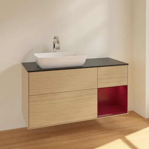 VILLEROY BOCH Toaletní skříňka Finion, s osvětlením, 3 výsuvy, 1200 x 603 x 501 mm, dubová dýha / matný lak Pivoňka / matné černé sklo #F812HBPC, obrázek 2