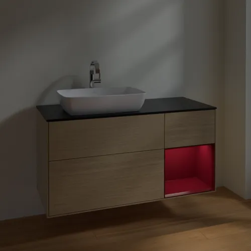VILLEROY BOCH Toaletní skříňka Finion, s osvětlením, 3 výsuvy, 1200 x 603 x 501 mm, dubová dýha / matný lak Pivoňka / matné černé sklo #F812HBPC, obrázek 5