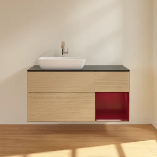 VILLEROY BOCH Toaletní skříňka Finion, s osvětlením, 3 výsuvy, 1200 x 603 x 501 mm, dubová dýha / matný lak Pivoňka / matné černé sklo #F812HBPC, obrázek 3