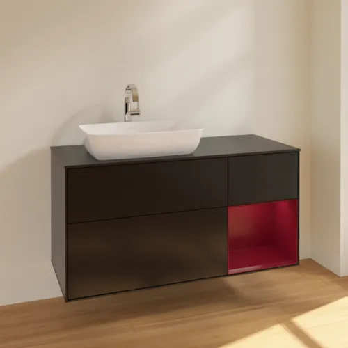 VILLEROY BOCH Toaletní skříňka Finion, s osvětlením, 3 výsuvy, 1200 x 603 x 501 mm, černý matný lak / pivoňkový matný lak / černé matné sklo #F812HBPD, obrázek 2