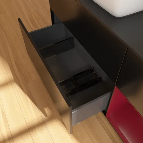 VILLEROY BOCH Toaletní skříňka Finion, s osvětlením, 3 výsuvy, 1200 x 603 x 501 mm, černý matný lak / pivoňkový matný lak / černé matné sklo #F812HBPD, obrázek 7