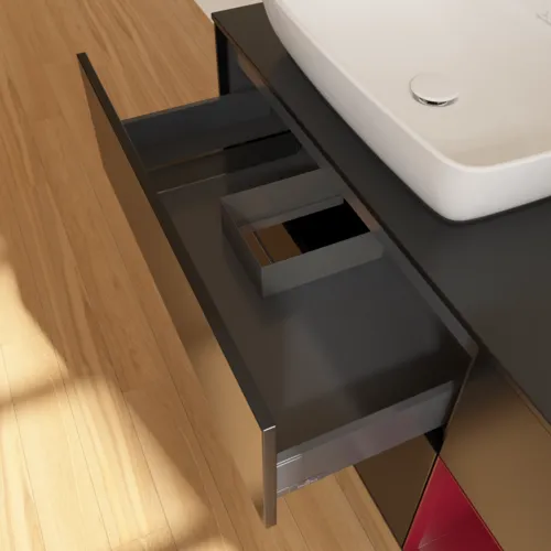VILLEROY BOCH Toaletní skříňka Finion, s osvětlením, 3 výsuvy, 1200 x 603 x 501 mm, černý matný lak / pivoňkový matný lak / černé matné sklo #F812HBPD, obrázek 8