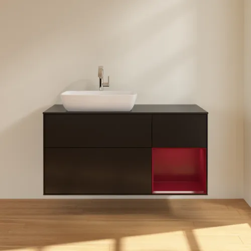 VILLEROY BOCH Toaletní skříňka Finion, s osvětlením, 3 výsuvy, 1200 x 603 x 501 mm, černý matný lak / pivoňkový matný lak / černé matné sklo #F812HBPD, obrázek 3