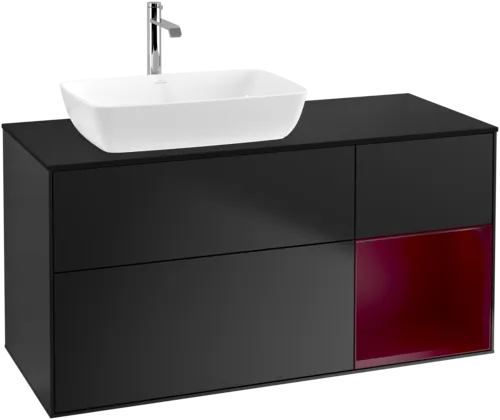 VILLEROY BOCH Toaletní skříňka Finion, s osvětlením, 3 výsuvy, 1200 x 603 x 501 mm, černý matný lak / pivoňkový matný lak / černé matné sklo #F812HBPD, obrázek 1