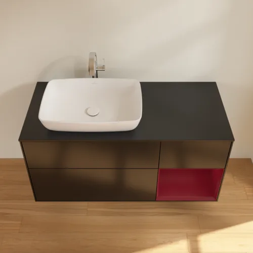 VILLEROY BOCH Toaletní skříňka Finion, s osvětlením, 3 výsuvy, 1200 x 603 x 501 mm, černý matný lak / pivoňkový matný lak / černé matné sklo #F812HBPD, obrázek 4