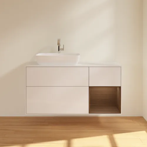 VILLEROY BOCH Toaletní skříňka Finion, s osvětlením, 3 výsuvy, 1200 x 603 x 501 mm, lesklý bílý lak / ořechová dýha / sklo bílé matné #F811GNGF, obrázek 3