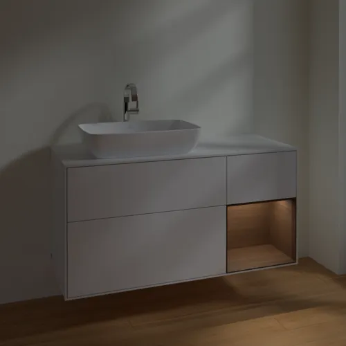 VILLEROY BOCH Toaletní skříňka Finion, s osvětlením, 3 výsuvy, 1200 x 603 x 501 mm, lesklý bílý lak / ořechová dýha / sklo bílé matné #F811GNGF, obrázek 5