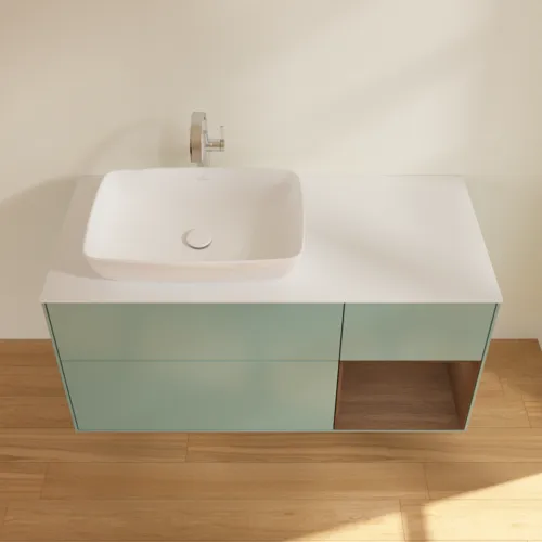 VILLEROY BOCH Toaletní skříňka Finion, s osvětlením, 3 výsuvy, 1200 x 603 x 501 mm, olivový matný lak / ořechová dýha / sklo bílé matné #F811GNGM, obrázek 4