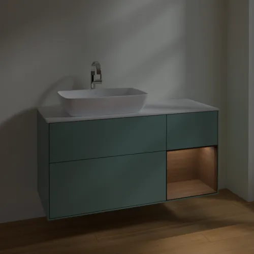 VILLEROY BOCH Toaletní skříňka Finion, s osvětlením, 3 výsuvy, 1200 x 603 x 501 mm, olivový matný lak / ořechová dýha / sklo bílé matné #F811GNGM, obrázek 5