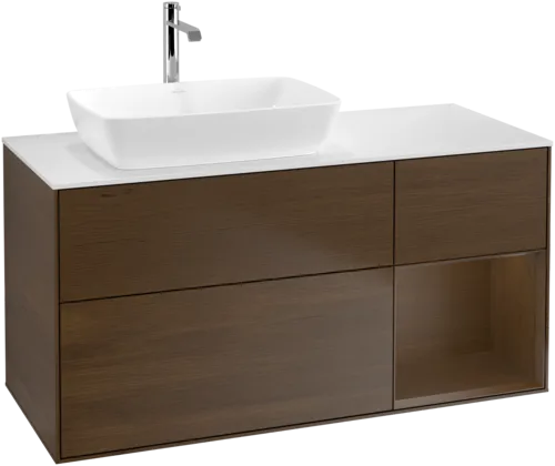 VILLEROY BOCH Toaletní skříňka Finion, s osvětlením, 3 výsuvy, 1200 x 603 x 501 mm, ořechová dýha / ořechová dýha / sklo bílé matné #F811GNGN, obrázek 1