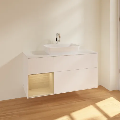VILLEROY BOCH Toaletní skříňka Finion, s osvětlením, 3 výsuvy, 1200 x 603 x 501 mm, bílý matný lak / dubová dýha / sklo bílé matné #F821PCMT, obrázek 2