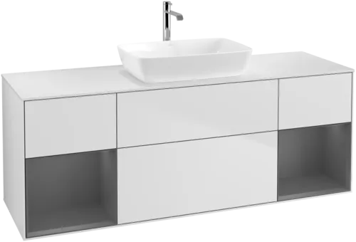 VILLEROY BOCH Toaletní skříňka Finion, s osvětlením, 4 výsuvy, 1600 x 603 x 501 mm, bílý matný lak / antracitový matný lak / bílé matné sklo #F861GKMT