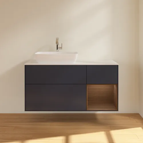 VILLEROY BOCH Toaletní skříňka Finion, s osvětlením, 3 výsuvy, 1200 x 603 x 501 mm, půlnočně modrý matný lak / ořechová dýha / bílé matné sklo #F811GNHG, obrázek 3