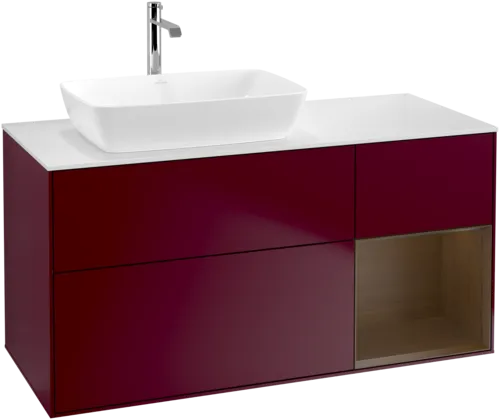 VILLEROY BOCH Toaletní skříňka Finion, s osvětlením, 3 výsuvy, 1200 x 603 x 501 mm, matný lak Peony / ořechová dýha / bílé matné sklo #F811GNHB