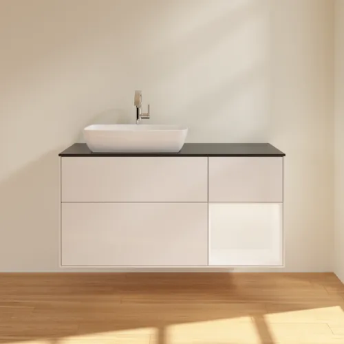 VILLEROY BOCH Toaletní skříňka Finion, s osvětlením, 3 výsuvy, 1200 x 603 x 501 mm, lesklý bílý lak / bílý matný lak / sklo černé matné #F812MTGF, obrázek 3
