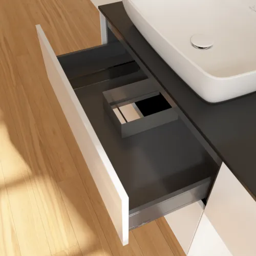 VILLEROY BOCH Toaletní skříňka Finion, s osvětlením, 3 výsuvy, 1200 x 603 x 501 mm, lesklý bílý lak / bílý matný lak / sklo černé matné #F812MTGF, obrázek 8