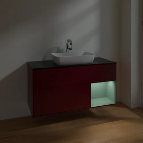 VILLEROY BOCH Toaletní skříňka Finion, s osvětlením, 3 výsuvy, 1200 x 603 x 501 mm, Pivoňka matný lak / Olivový matný lak / Sklo černé matné #F832GMHB, obrázek 5