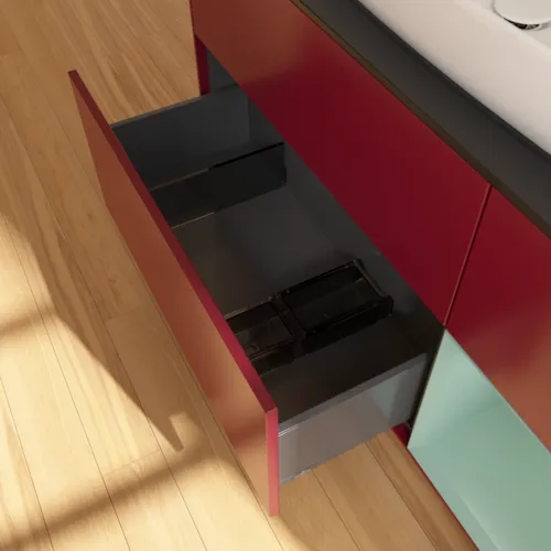 VILLEROY BOCH Toaletní skříňka Finion, s osvětlením, 3 výsuvy, 1200 x 603 x 501 mm, Pivoňka matný lak / Olivový matný lak / Sklo černé matné #F832GMHB, obrázek 7