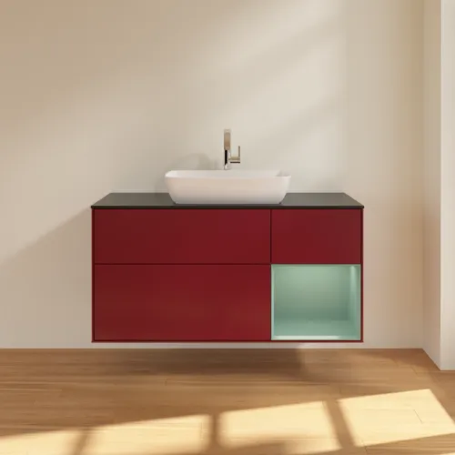 VILLEROY BOCH Toaletní skříňka Finion, s osvětlením, 3 výsuvy, 1200 x 603 x 501 mm, Pivoňka matný lak / Olivový matný lak / Sklo černé matné #F832GMHB, obrázek 3