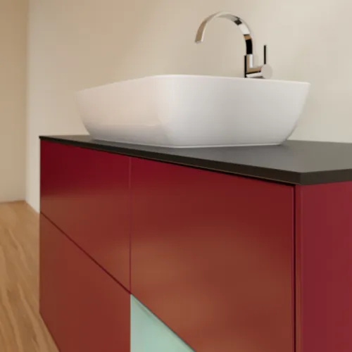 VILLEROY BOCH Toaletní skříňka Finion, s osvětlením, 3 výsuvy, 1200 x 603 x 501 mm, Pivoňka matný lak / Olivový matný lak / Sklo černé matné #F832GMHB, obrázek 6