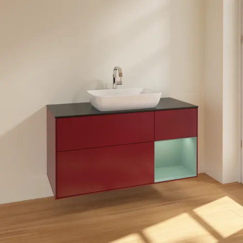 VILLEROY BOCH Toaletní skříňka Finion, s osvětlením, 3 výsuvy, 1200 x 603 x 501 mm, Pivoňka matný lak / Olivový matný lak / Sklo černé matné #F832GMHB, obrázek 2