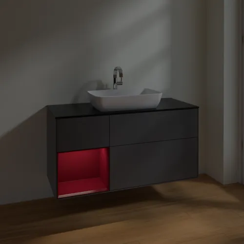 VILLEROY BOCH Toaletní skříňka Finion, s osvětlením, 3 výsuvy, 1200 x 603 x 501 mm, antracitový matný lak / pivoňkový matný lak / černé matné sklo #F822HBGK, obrázek 5