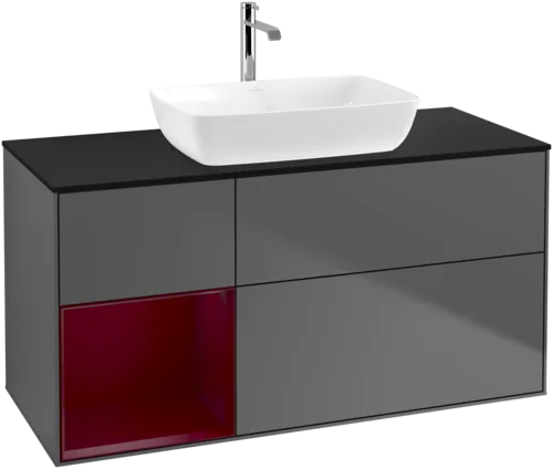 VILLEROY BOCH Toaletní skříňka Finion, s osvětlením, 3 výsuvy, 1200 x 603 x 501 mm, antracitový matný lak / pivoňkový matný lak / černé matné sklo #F822HBGK