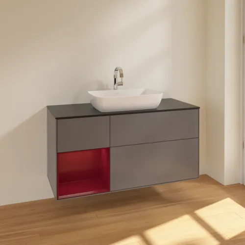 VILLEROY BOCH Toaletní skříňka Finion, s osvětlením, 3 výsuvy, 1200 x 603 x 501 mm, antracitový matný lak / pivoňkový matný lak / černé matné sklo #F822HBGK, obrázek 2