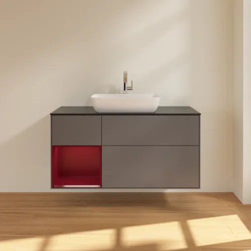 VILLEROY BOCH Toaletní skříňka Finion, s osvětlením, 3 výsuvy, 1200 x 603 x 501 mm, antracitový matný lak / pivoňkový matný lak / černé matné sklo #F822HBGK, obrázek 3