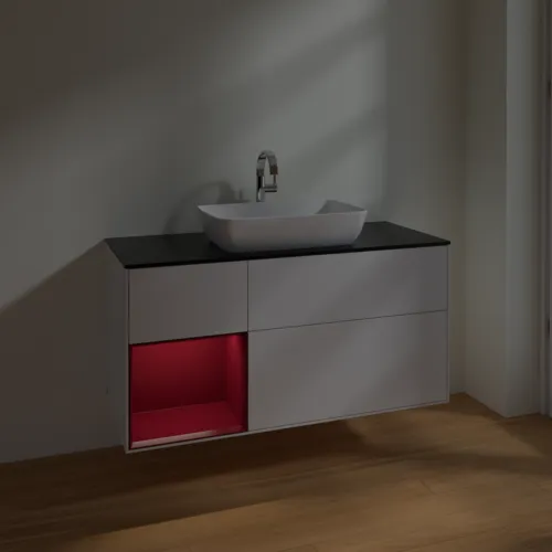 VILLEROY BOCH Toaletní skříňka Finion, s osvětlením, 3 výsuvy, 1200 x 603 x 501 mm, lesklý bílý lak / matný lak Pivoňka / matné černé sklo #F822HBGF, obrázek 5