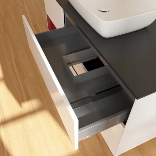 VILLEROY BOCH Toaletní skříňka Finion, s osvětlením, 3 výsuvy, 1200 x 603 x 501 mm, lesklý bílý lak / matný lak Pivoňka / matné černé sklo #F822HBGF, obrázek 8