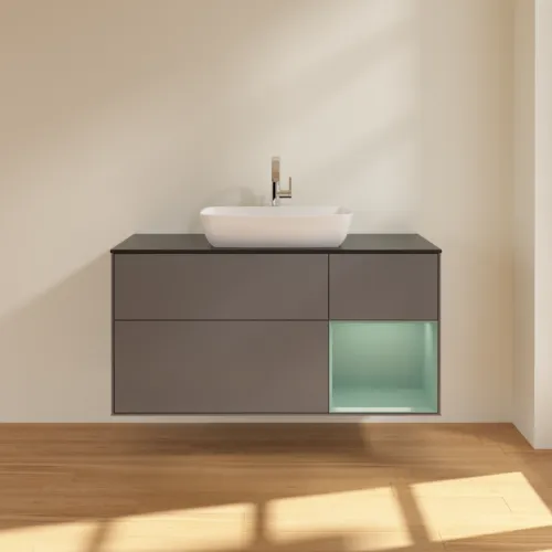 VILLEROY BOCH Toaletní skříňka Finion, s osvětlením, 3 výsuvy, 1200 x 603 x 501 mm, antracitový matný lak / olivový matný lak / černé matné sklo #F832GMGK, obrázek 3