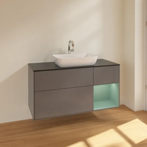 VILLEROY BOCH Toaletní skříňka Finion, s osvětlením, 3 výsuvy, 1200 x 603 x 501 mm, antracitový matný lak / olivový matný lak / černé matné sklo #F832GMGK, obrázek 2