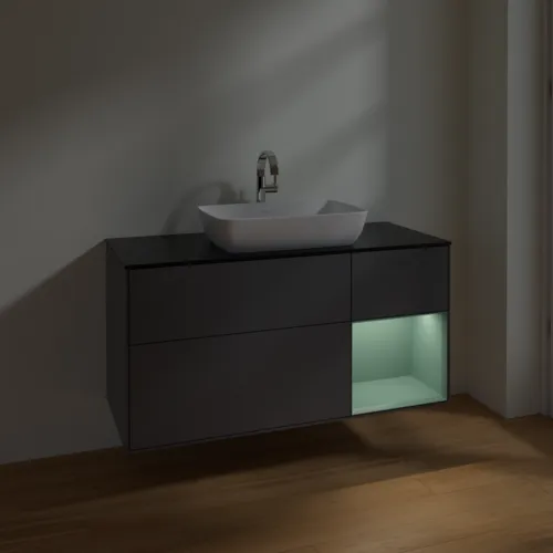 VILLEROY BOCH Toaletní skříňka Finion, s osvětlením, 3 výsuvy, 1200 x 603 x 501 mm, antracitový matný lak / olivový matný lak / černé matné sklo #F832GMGK, obrázek 5
