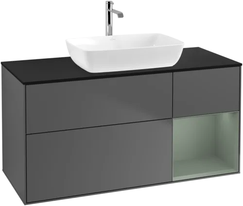 VILLEROY BOCH Toaletní skříňka Finion, s osvětlením, 3 výsuvy, 1200 x 603 x 501 mm, antracitový matný lak / olivový matný lak / černé matné sklo #F832GMGK, obrázek 1