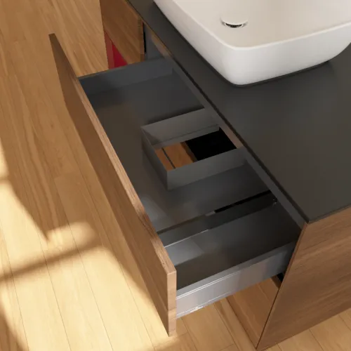 VILLEROY BOCH Toaletní skříňka Finion, s osvětlením, 3 výsuvy, 1200 x 603 x 501 mm, ořechová dýha / matný lak Pivoňka / černé matné sklo #F822HBGN, obrázek 8