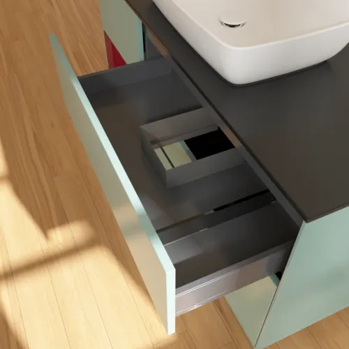 VILLEROY BOCH Toaletní skříňka Finion, s osvětlením, 3 výsuvy, 1200 x 603 x 501 mm, olivový matný lak / pivoňkový matný lak / černé matné sklo #F822HBGM, obrázek 8