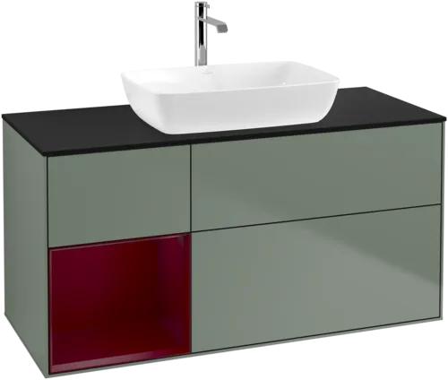 VILLEROY BOCH Toaletní skříňka Finion, s osvětlením, 3 výsuvy, 1200 x 603 x 501 mm, olivový matný lak / pivoňkový matný lak / černé matné sklo #F822HBGM, obrázek 1