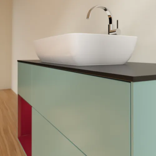 VILLEROY BOCH Toaletní skříňka Finion, s osvětlením, 3 výsuvy, 1200 x 603 x 501 mm, olivový matný lak / pivoňkový matný lak / černé matné sklo #F822HBGM, obrázek 6