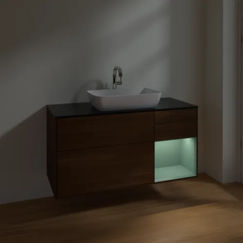 VILLEROY BOCH Toaletní skříňka Finion, s osvětlením, 3 výsuvy, 1200 x 603 x 501 mm, ořechová dýha / olivově matný lak / sklo černé matné #F832GMGN, obrázek 5