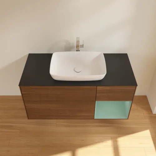 VILLEROY BOCH Toaletní skříňka Finion, s osvětlením, 3 výsuvy, 1200 x 603 x 501 mm, ořechová dýha / olivově matný lak / sklo černé matné #F832GMGN, obrázek 4