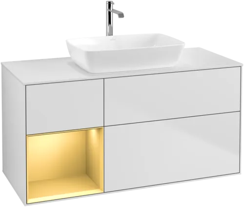 VILLEROY BOCH Toaletní skříňka Finion, s osvětlením, 3 výsuvy, 1200 x 603 x 501 mm, bílý matný lak / zlatý matný lak / bílé matné sklo #F821HFMT, obrázek 1