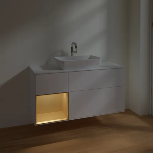 VILLEROY BOCH Toaletní skříňka Finion, s osvětlením, 3 výsuvy, 1200 x 603 x 501 mm, bílý matný lak / zlatý matný lak / bílé matné sklo #F821HFMT, obrázek 5