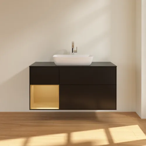 VILLEROY BOCH Toaletní skříňka Finion, s osvětlením, 3 výsuvy, 1200 x 603 x 501 mm, černý matný lak / zlatý matný lak / černé matné sklo #F822HFPD, obrázek 3