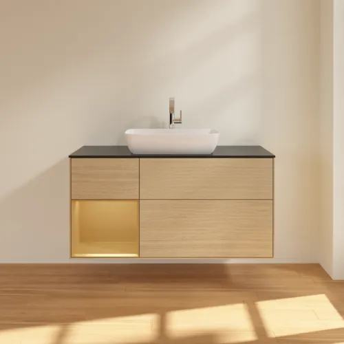VILLEROY BOCH Toaletní skříňka Finion, s osvětlením, 3 výsuvy, 1200 x 603 x 501 mm, dubová dýha / zlatý matný lak / černé matné sklo #F822HFPC, obrázek 3