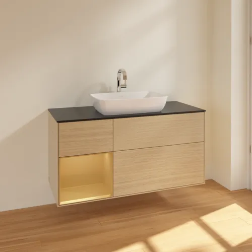 VILLEROY BOCH Toaletní skříňka Finion, s osvětlením, 3 výsuvy, 1200 x 603 x 501 mm, dubová dýha / zlatý matný lak / černé matné sklo #F822HFPC, obrázek 2